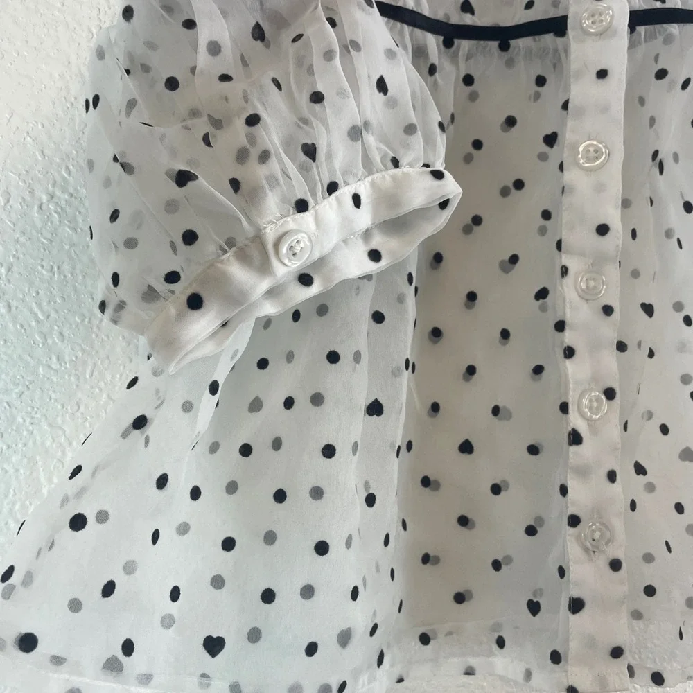 Maeve Polka Dot Heart Sheer Blouse Size Medium White Black Coquette Romantic - Picture 3 of 8